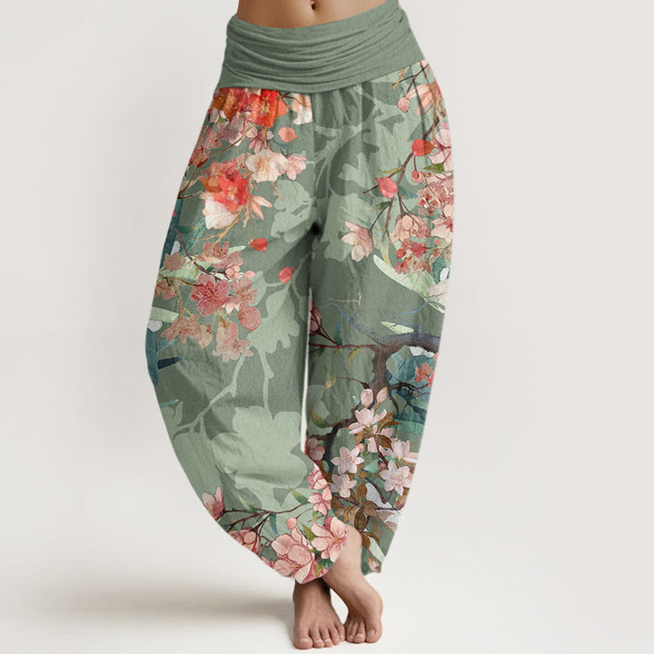 Buddha Stones Cotton Red Pink Blooming Flowers Lush Branches Women's Elastic Waist Harem Pants - DarkSeaGreen - US22，UK/AU26，EU54 (6XL) - image 0