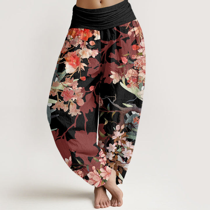 Buddha Stones Red Pink Blooming Flowers Lush Branches Women's Elastic Waist Harem Pants