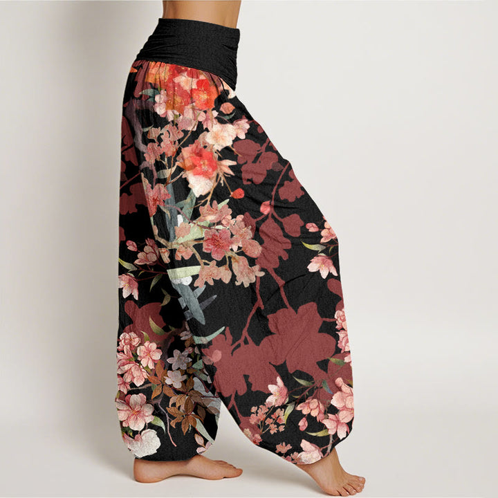 Buddha Stones Red Pink Blooming Flowers Lush Branches Women's Elastic Waist Harem Pants