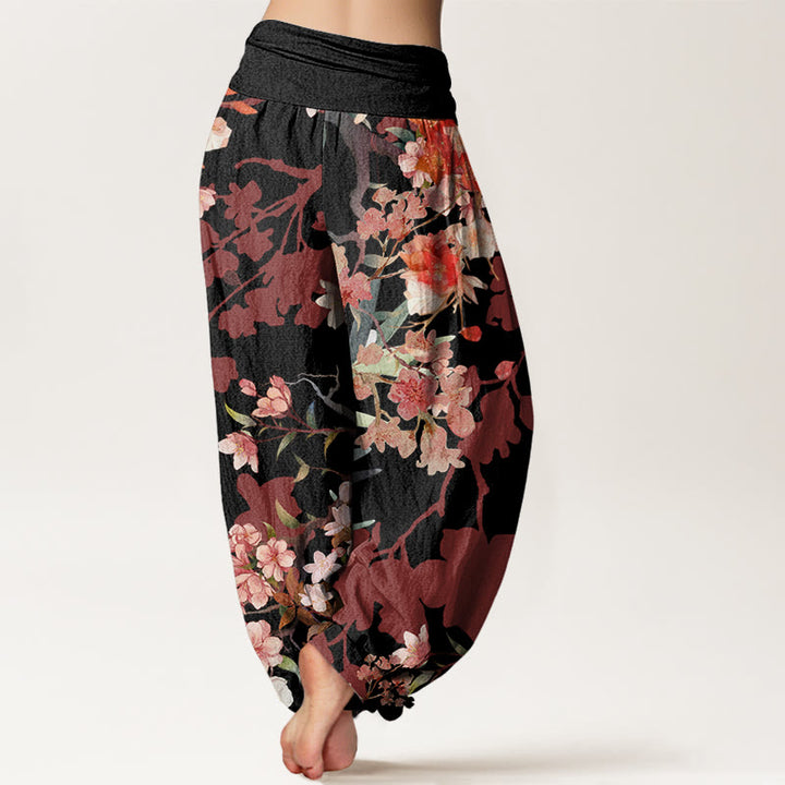 Buddha Stones Red Pink Blooming Flowers Lush Branches Women's Elastic Waist Harem Pants