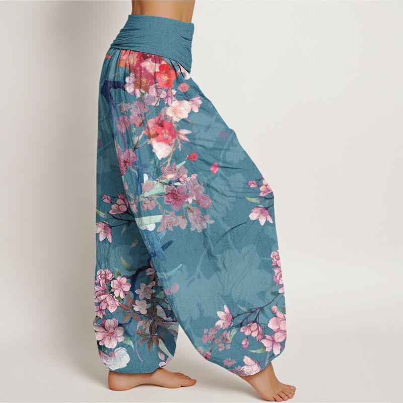 Buddha Stones Red Pink Blooming Flowers Lush Branches Women's Elastic Waist Harem Pants