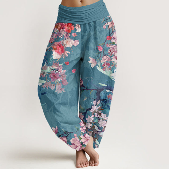 Buddha Stones Red Pink Blooming Flowers Lush Branches Women's Elastic Waist Harem Pants