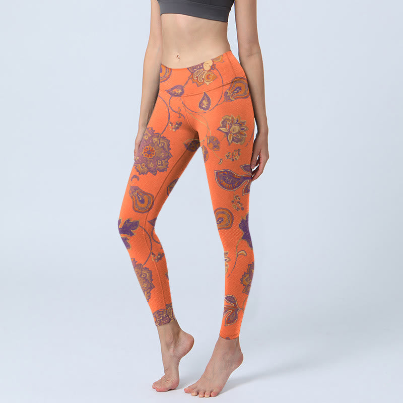 Buddha Stones Orange Maple Leaves Flowers Print Gym Leggings Women's Yoga Pants - Coral - US18，UK/AU22，EU50 (4XL) - image 0