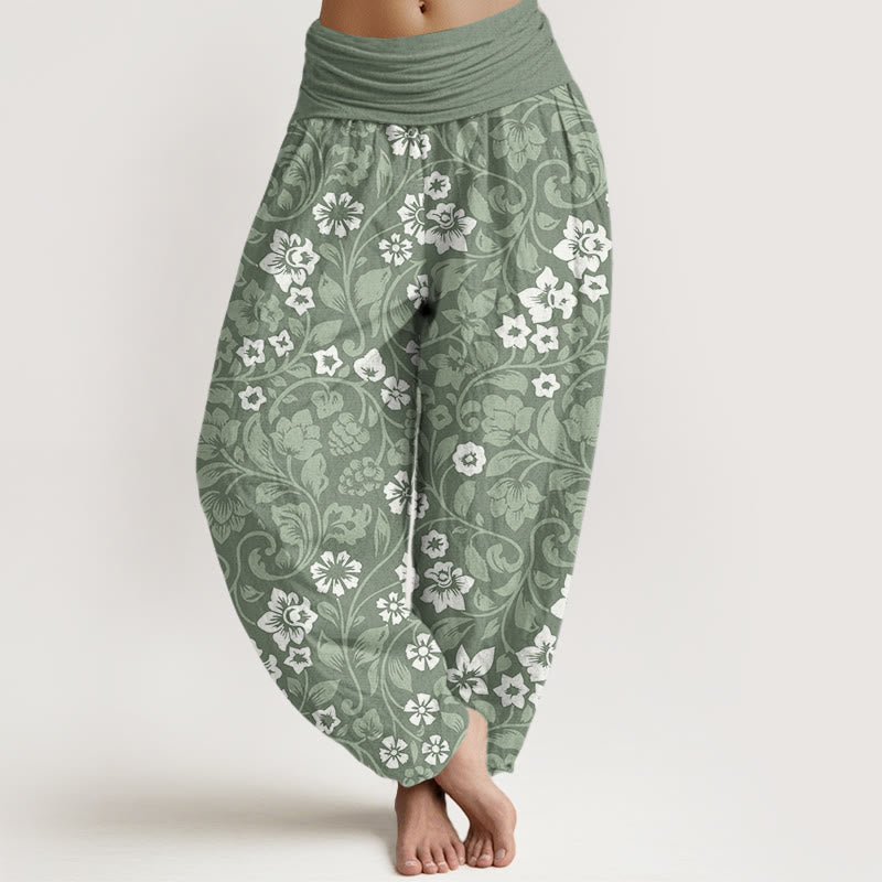 Buddha Stones Small Flowers Intertwining Branches Women's Elastic Waist Harem Pants - DarkSeaGreen - US22，UK/AU26，EU54 (6XL) - image 0