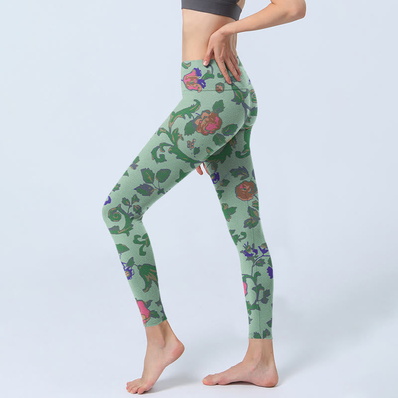 Buddha Stones Green Red Roses Green Leaves Print Gym Leggings Women's Yoga Pants - image 3