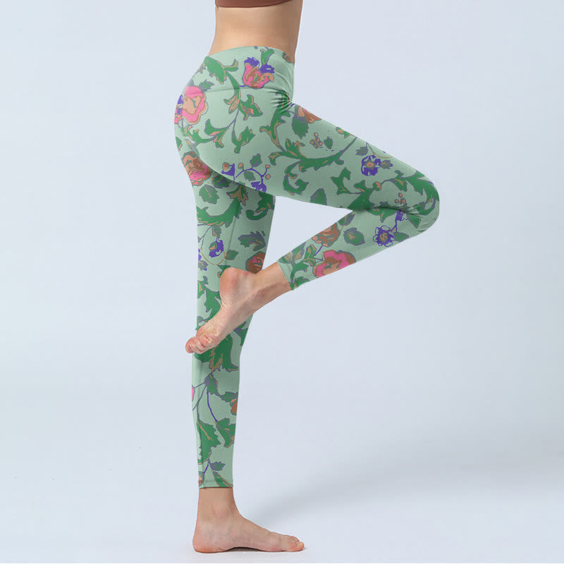 Buddha Stones Green Red Roses Green Leaves Print Gym Leggings Women's Yoga Pants - image 3