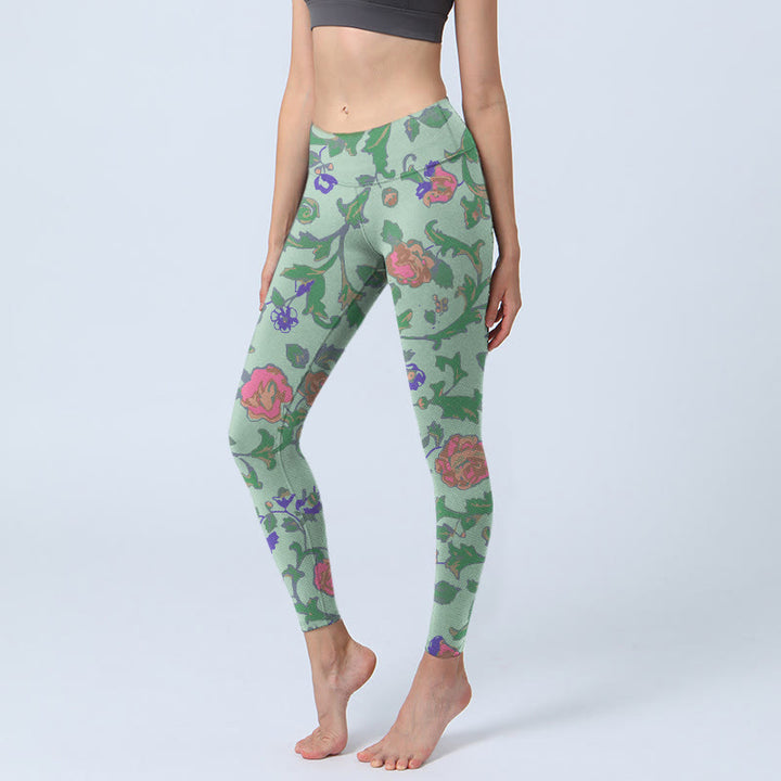Buddha Stones Green Red Roses Green Leaves Print Gym Leggings Women's Yoga Pants - DarkSeaGreen - US18，UK/AU22，EU50 (4XL) - image 0