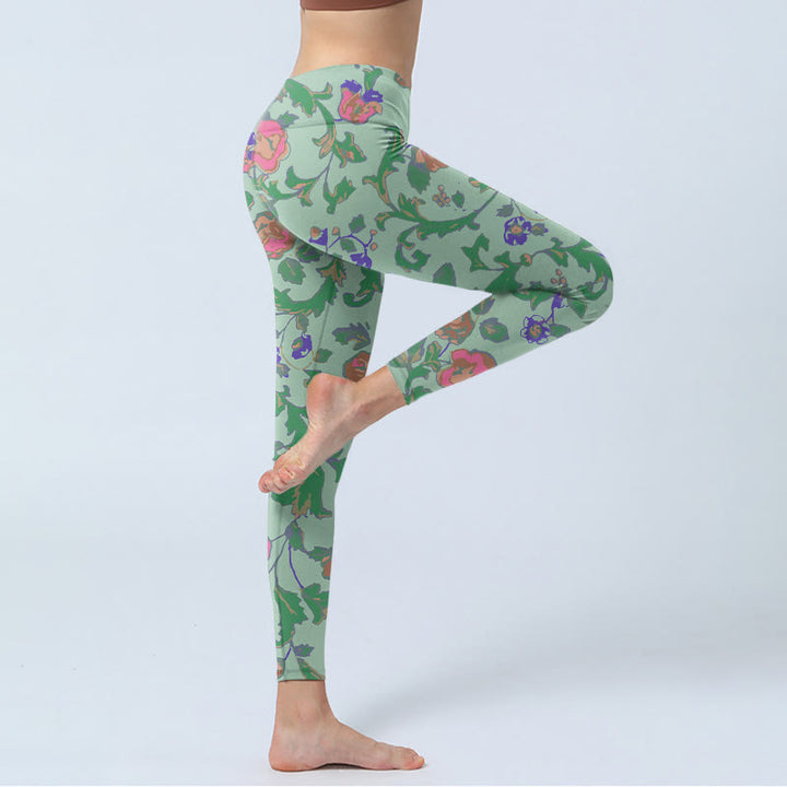Buddha Stones Green Red Roses Green Leaves Print Gym Leggings Women's Yoga Pants - image 4