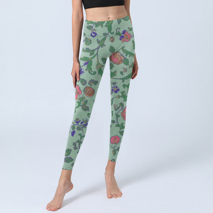 Buddha Stones Green Red Roses Green Leaves Print Gym Leggings Women's Yoga Pants - image 6