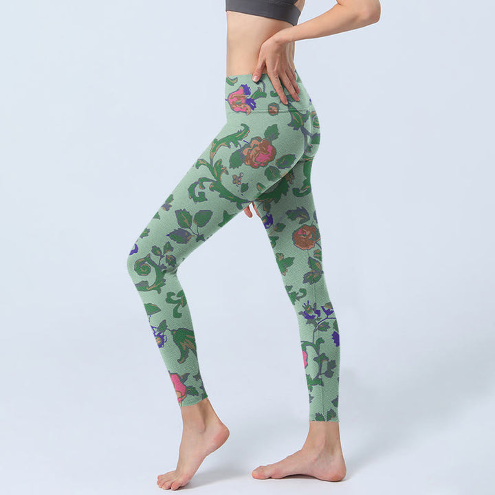 Buddha Stones Green Red Roses Green Leaves Print Gym Leggings Women's Yoga Pants - image 2