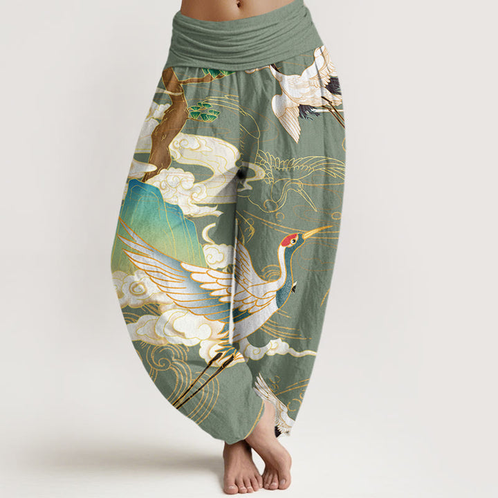 Buddha Stones Cotton Flying Cranes Auspicious Clouds Tree women's Elastic Waist Harem Pants - DarkSeaGreen - US22，UK/AU26，EU54 (6XL) - image 4