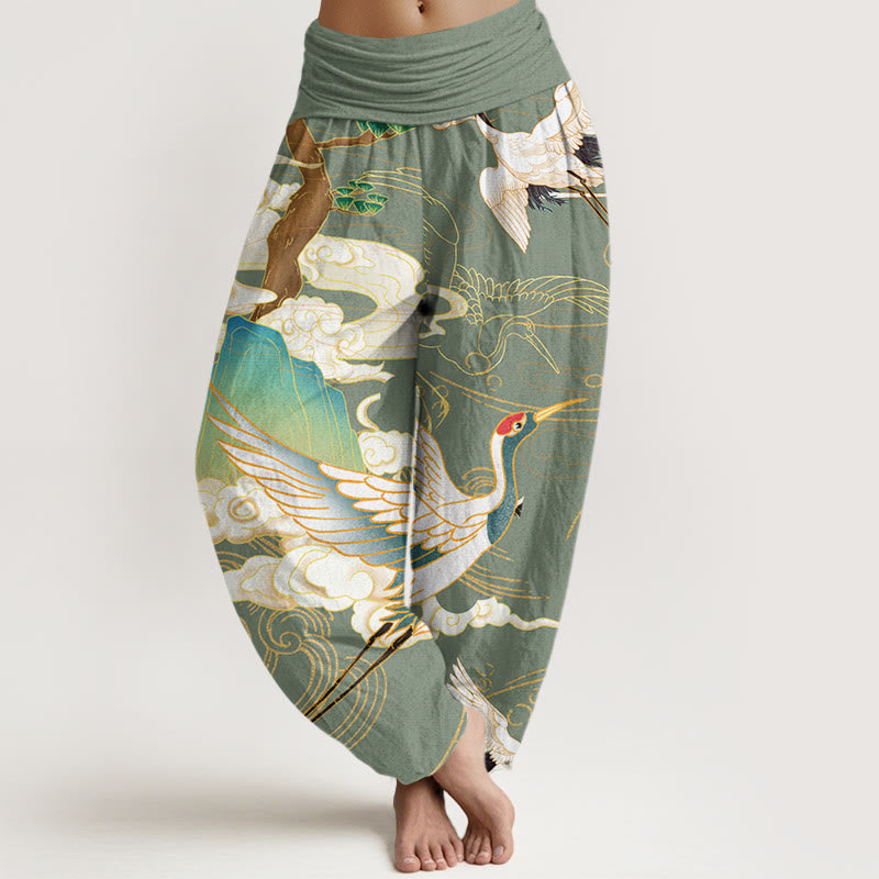 Buddha Stones Flying Cranes Auspicious Clouds Tree women's Elastic Waist Harem Pants - DarkSeaGreen - US22，UK/AU26，EU54 (6XL) - image 5