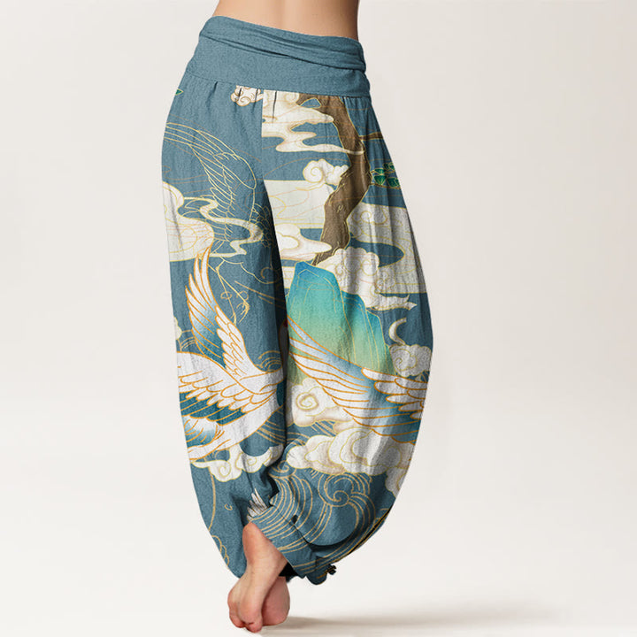 Buddha Stones Cotton Flying Cranes Auspicious Clouds Tree women's Elastic Waist Harem Pants - image 9