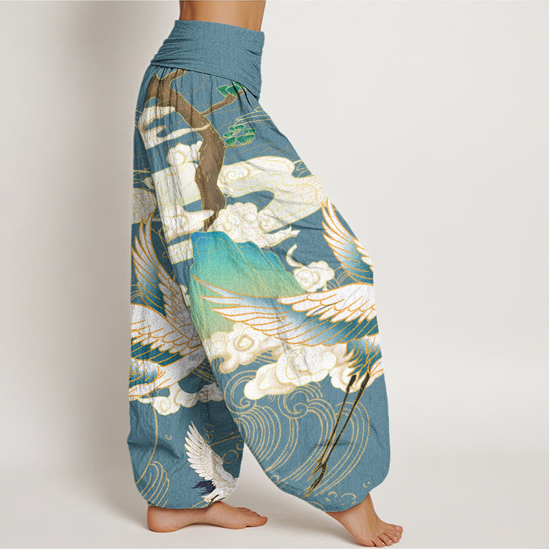 Buddha Stones Flying Cranes Auspicious Clouds Tree women's Elastic Waist Harem Pants