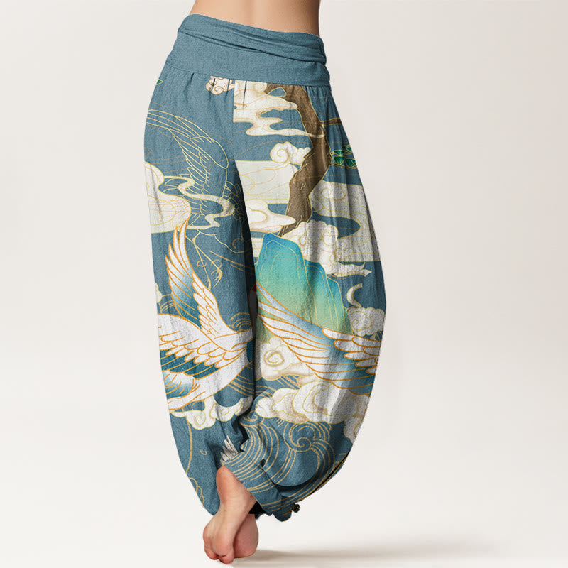 Buddha Stones Flying Cranes Auspicious Clouds Tree women's Elastic Waist Harem Pants - image 10