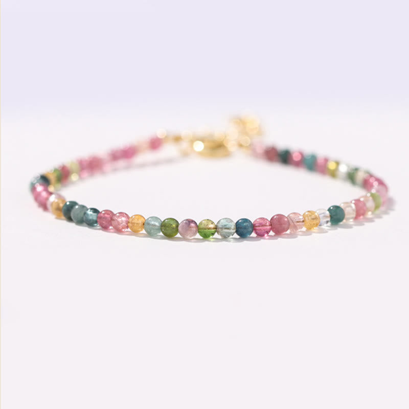 Buddha Stones 2mm Multicolor Tourmaline Ultra-thin Beads 14k Gold Plated Copper Wisdom Bracelet