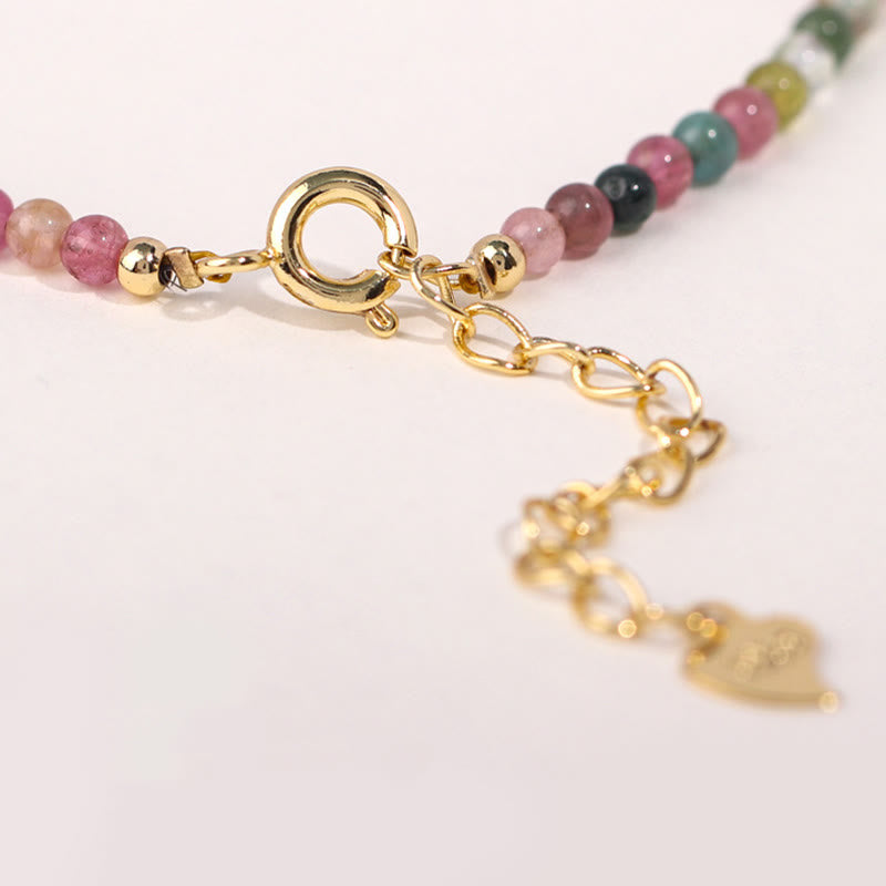 Buddha Stones 2mm Multicolor Tourmaline Ultra-thin Beads 14k Gold Plated Copper Wisdom Bracelet