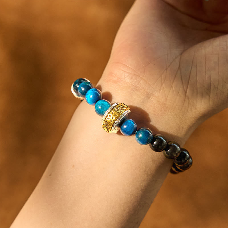 Buddha Stones Silver Sheen Obsidian Blue Tiger Eye Protection Bracelet