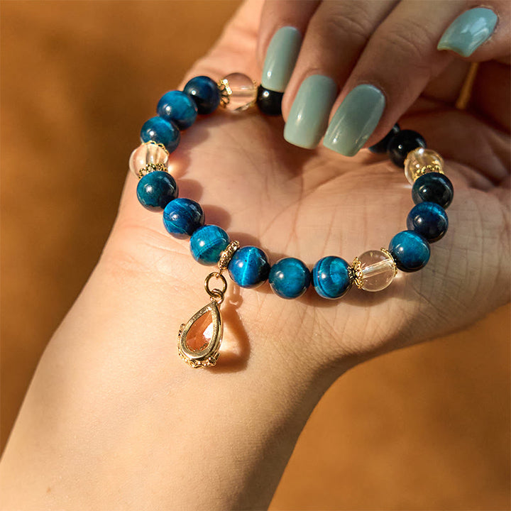 Buddha Stones Blue Tiger Eye White Crystal Water Drop Strength Bracelet