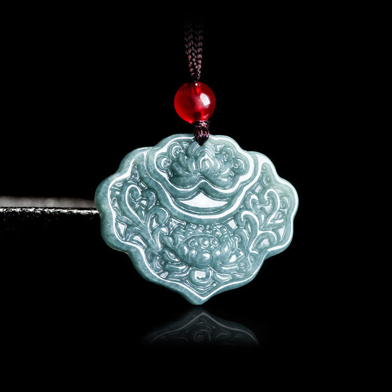 Buddha Stones Lotus Pattern Carved Jade Abundance Prosperity Necklace Rope Pendant