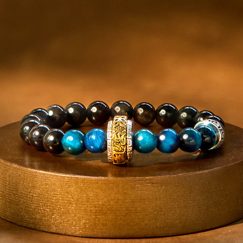 Buddha Stones Silver Sheen Obsidian Blue Tiger Eye Protection Bracelet