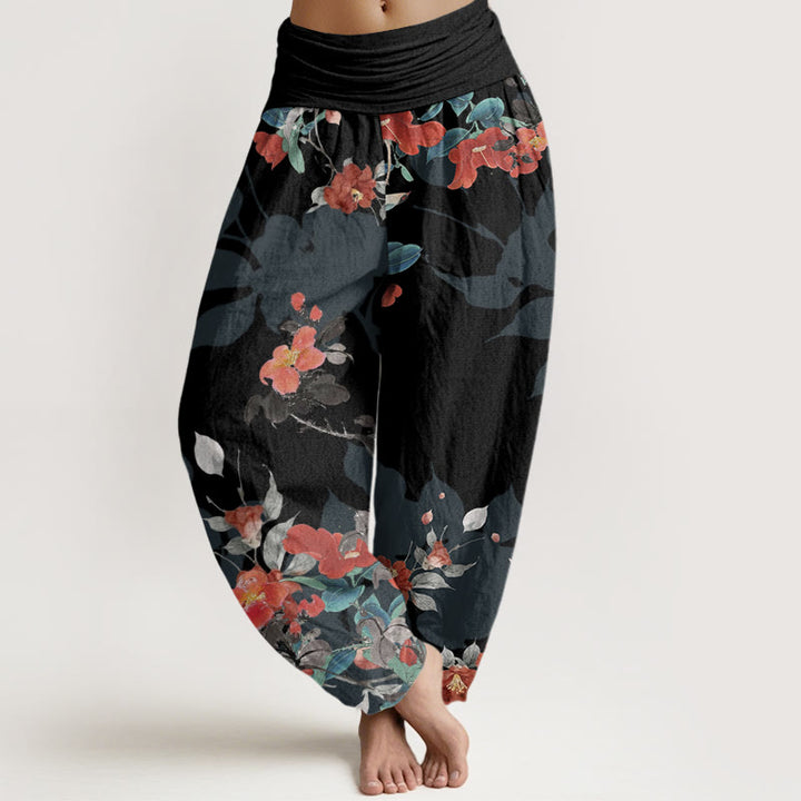 Buddha Stones Red Flowers Green Leaves Bird Women's Elastic Waist Harem Pants