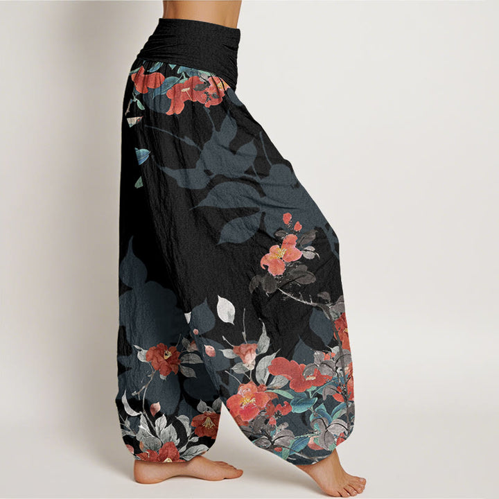 Buddha Stones Red Flowers Green Leaves Bird Women's Elastic Waist Harem Pants