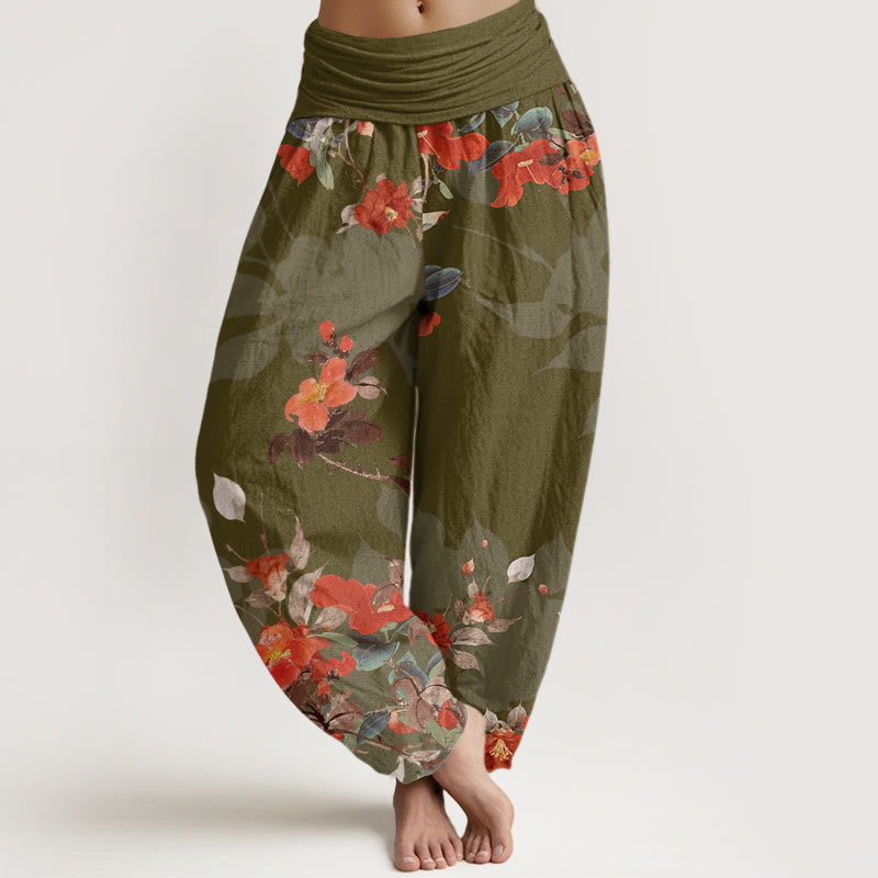 Buddha Stones Red Flowers Green Leaves Bird Women's Elastic Waist Harem Pants