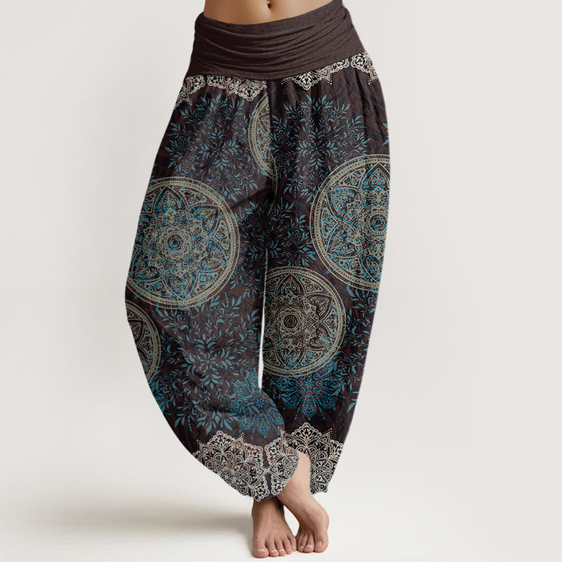 Buddha Stones Mandala Pattern Leaves Women's Elastic Waist Harem Pants - Brown - US22，UK/AU26，EU54 (6XL) - image 0