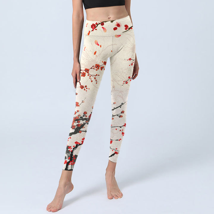 Buddha Stones Blooming Red Plum Blossoms Print Gym Leggings Women's Yoga Pants