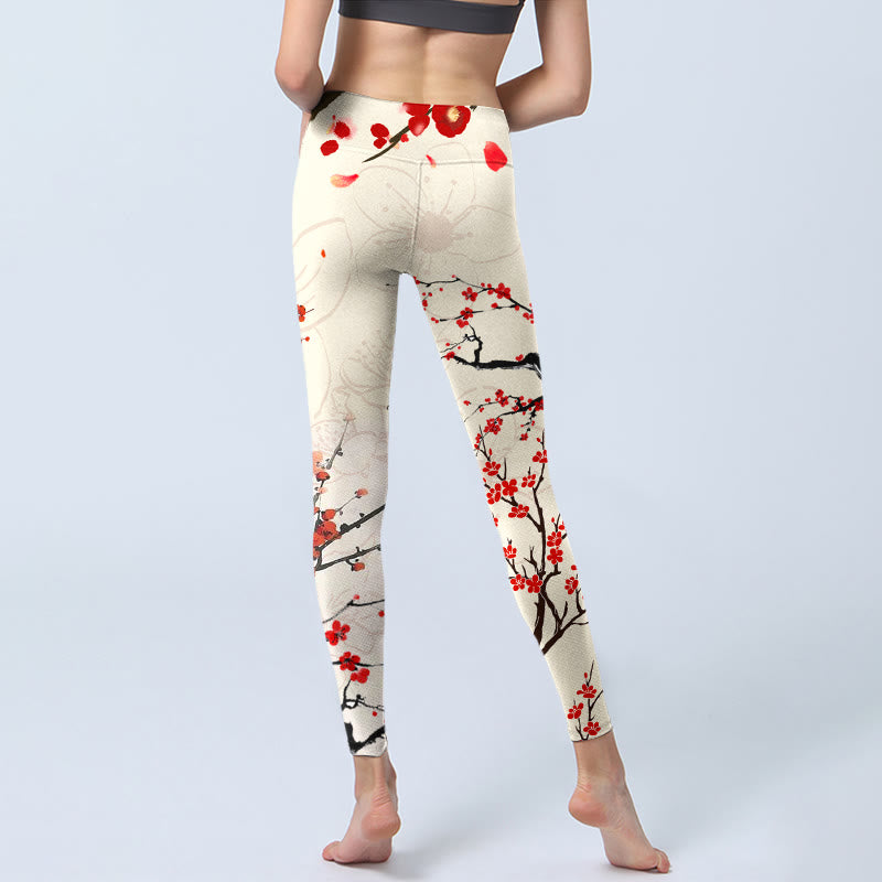 Buddha Stones Blooming Red Plum Blossoms Print Gym Leggings Women's Yoga Pants