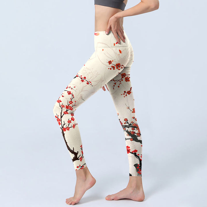 Buddha Stones Blooming Red Plum Blossoms Print Gym Leggings Women's Yoga Pants