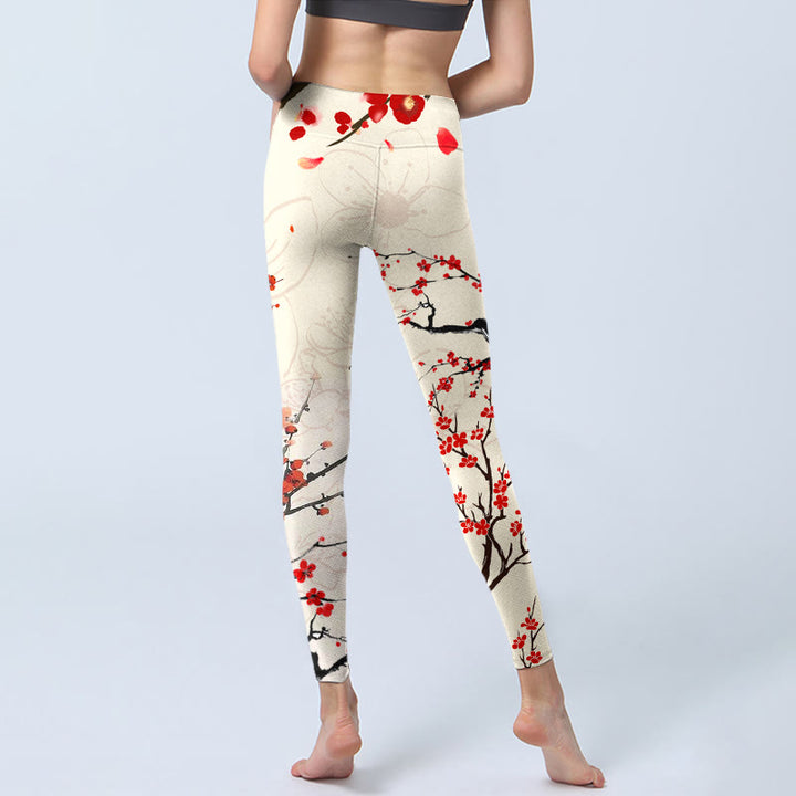 Buddha Stones Blooming Red Plum Blossoms Print Gym Leggings Women's Yoga Pants - image 7