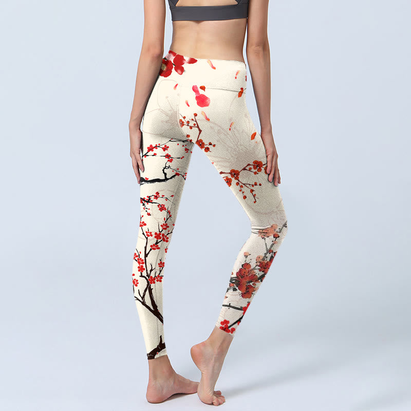 Buddha Stones Blooming Red Plum Blossoms Print Gym Leggings Women's Yoga Pants