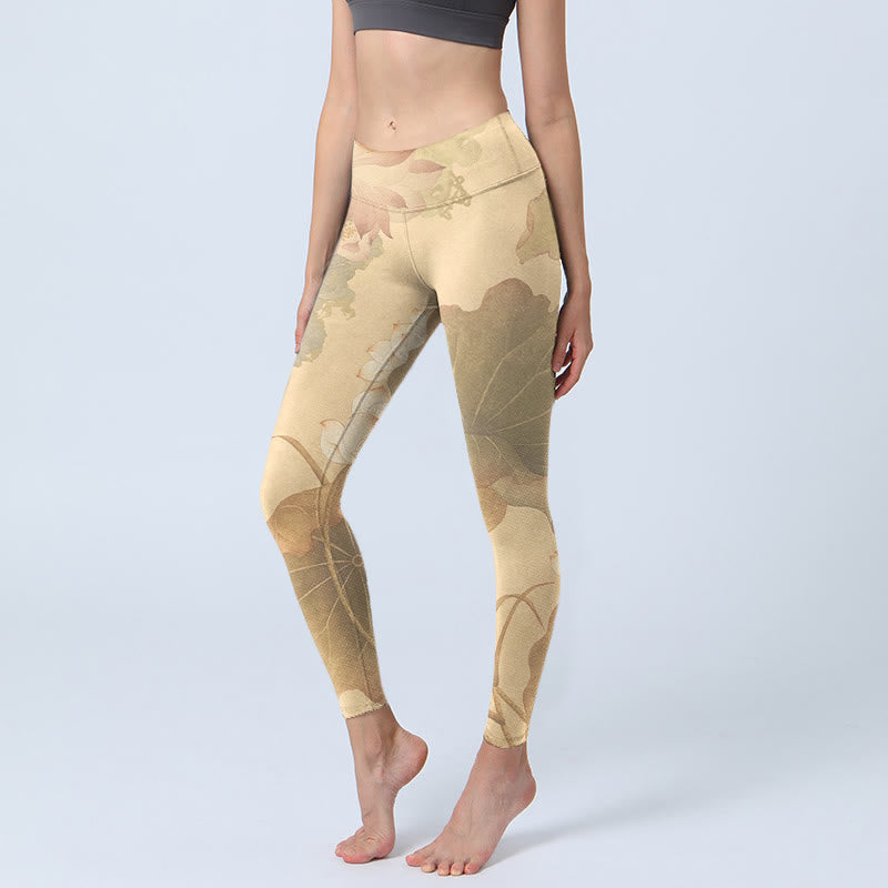 Buddha Stones Lotus Flowers Leaves Print Gym Leggings Women's Yoga Pants - PaleGoldenrod - US18，UK/AU22，EU50 (4XL) - image 0