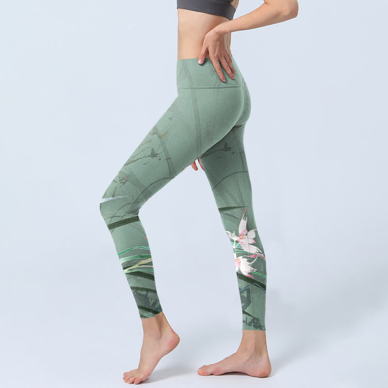 Buddha Stones White Pink Orchids Leaves Print Gym Leggings Women's Yoga Pants