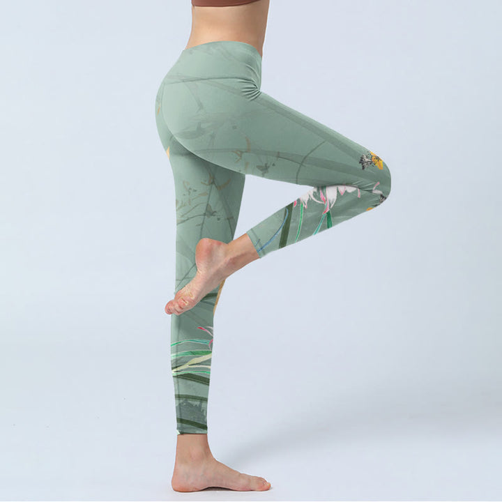Buddha Stones White Pink Orchids Leaves Print Gym Leggings Women's Yoga Pants - image 4