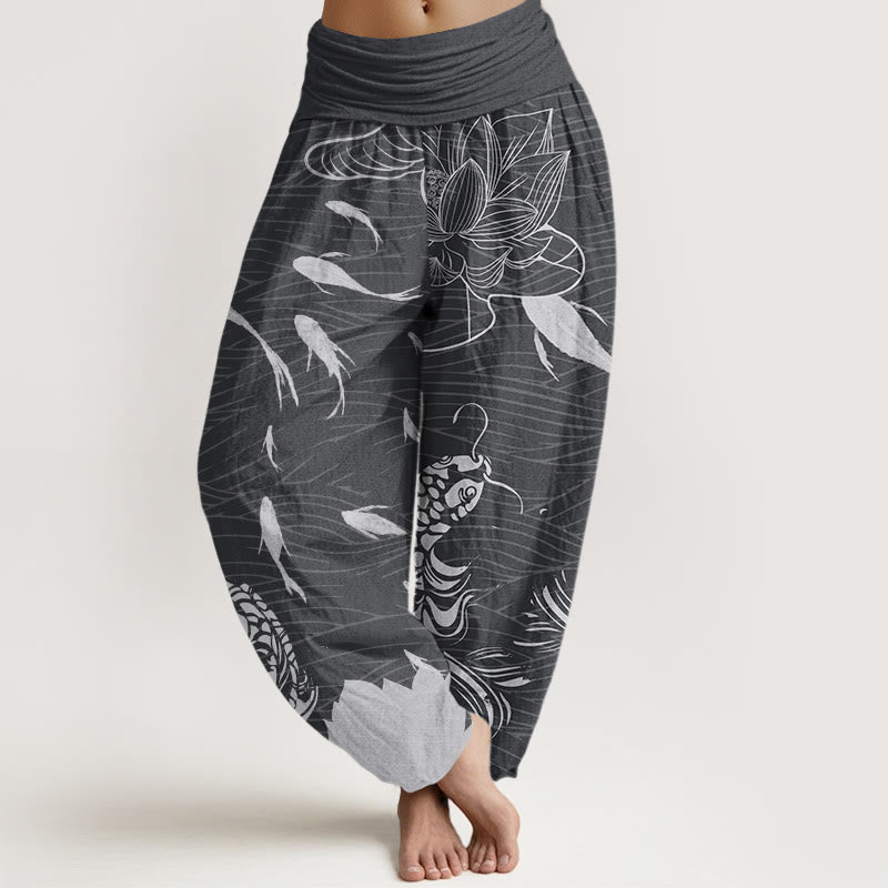 Buddha Stones Big Lotus Koi FIsh Women's Elastic Waist Harem Pants