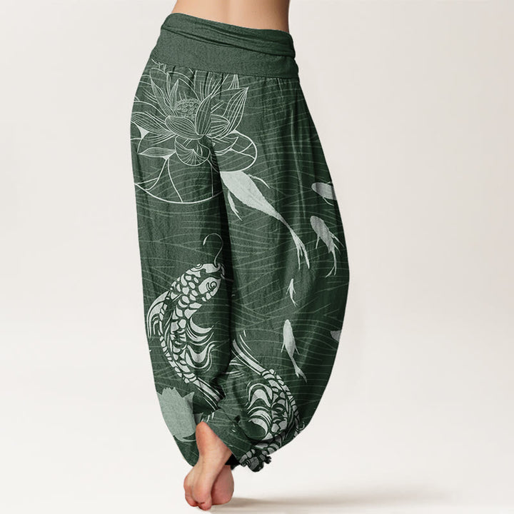 Buddha Stones Big Lotus Koi FIsh Women's Elastic Waist Harem Pants