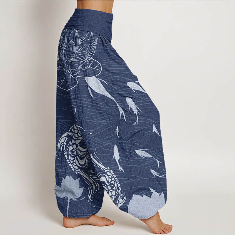 Buddha Stones Big Lotus Koi FIsh Women's Elastic Waist Harem Pants