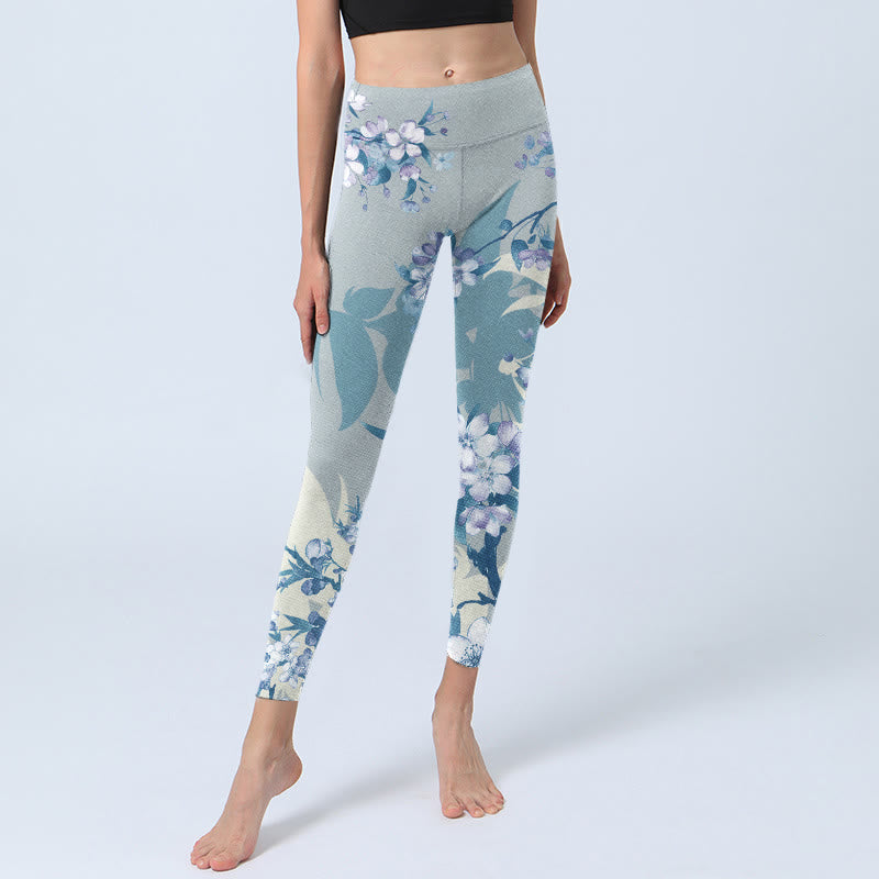 Buddha Stones White Blue Flowers Print Gym Leggings Women's Yoga Pants - image 6