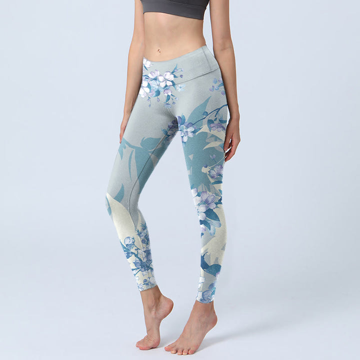Buddha Stones White Blue Flowers Print Gym Leggings Women's Yoga Pants - LightBlue - US18，UK/AU22，EU50 (4XL) - image 0