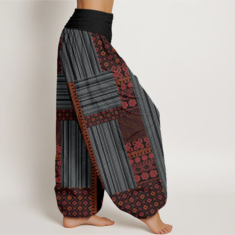 Buddha Stones Stripe Square Floral Pattern Om Mani Padme Hum Women's Elastic Waist Harem Pants