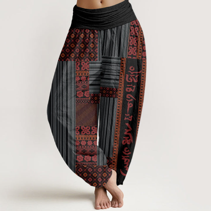 Buddha Stones Stripe Square Floral Pattern Om Mani Padme Hum Women's Elastic Waist Harem Pants