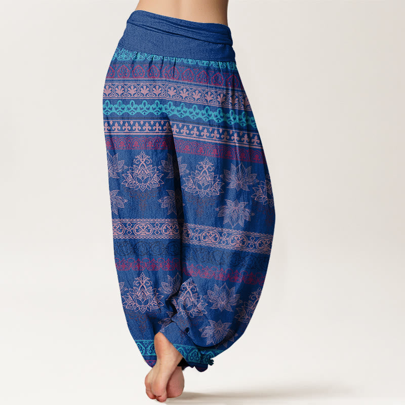 Buddha Stones Parallel Pattern Lotus Women's Elastic Waist Harem Pants