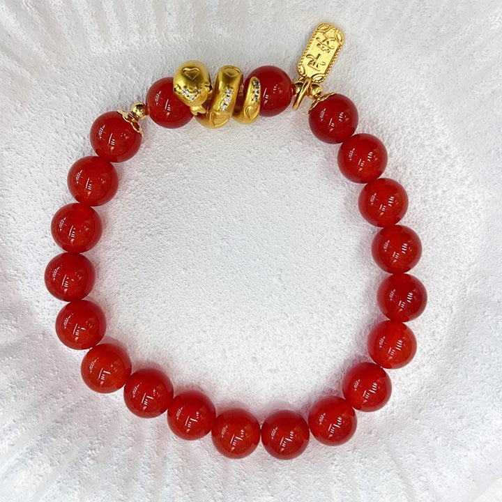 Buddha Stones Red Agate Gold Plated Copper Peace And Joy Safe Plate Year of the Snake Confidence Bracelet