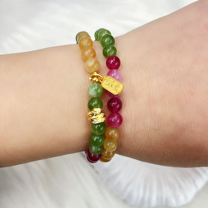 Buddha Stones Tourmaline Gold Plated Copper Peace And Joy Safe Plate Year of the Snake Double Wrap Bracelet