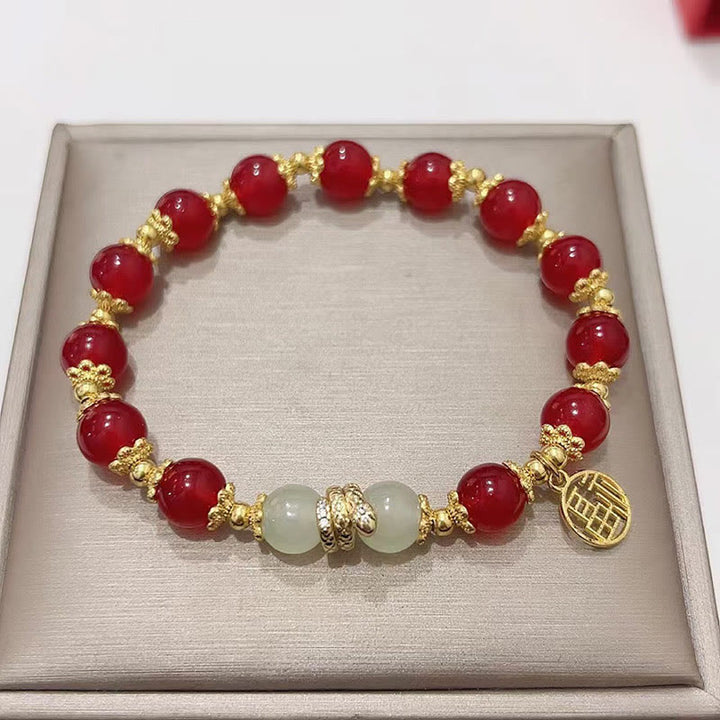 Buddha Stones Red Agate Jade Fu Character Year of the Snake Calm Bracelet