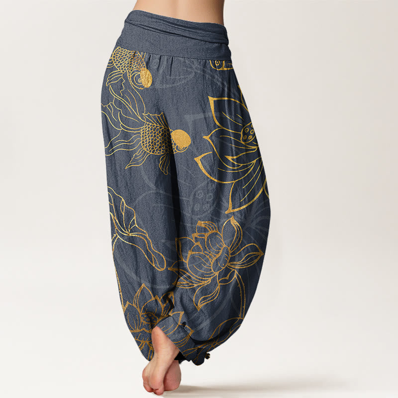 Buddha Stones Cotton Lotus Leaf Koi Fish Women's Elastic Waist Harem Pants - image 6