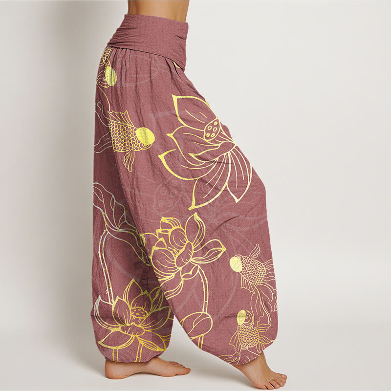 Buddha Stones Lotus Leaf Koi Fish Women's Elastic Waist Harem Pants